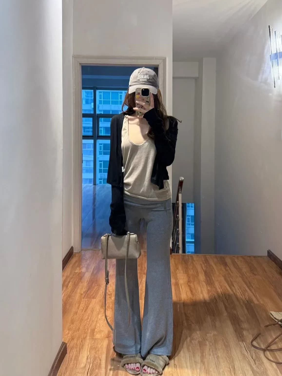 Gray Knitted Casual Pants Women's High Waist Flared Leggings Slimming Drapey Wide Leg Floor-Length Trousers Spring Summer