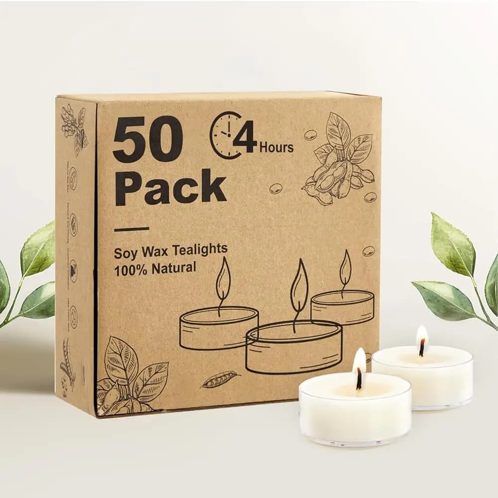Candele Tealight in Soia Senza Profumo, Confezione da 50, Durata 4 Ore, Bianche, Senza Paraffina, Senza Fumo, Mini Tealight