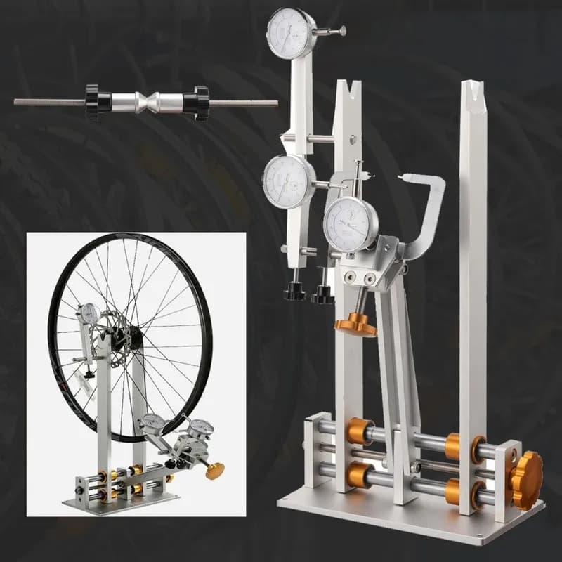 Supporto professionale per centratura ruota bici con comparatore adatto a sgancio rapido e perno passante, per riparazione allineamento cerchioni MTB/bici da strada