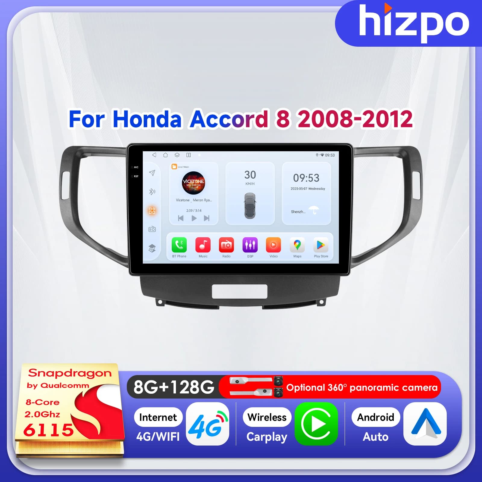 Hizpo Autoradio Multimediale 9 Pollici 8+128G per Acura TSX 2009-2014 e Honda Accord 8 2008-2012 con Android Auto, Carplay, AI e 4G