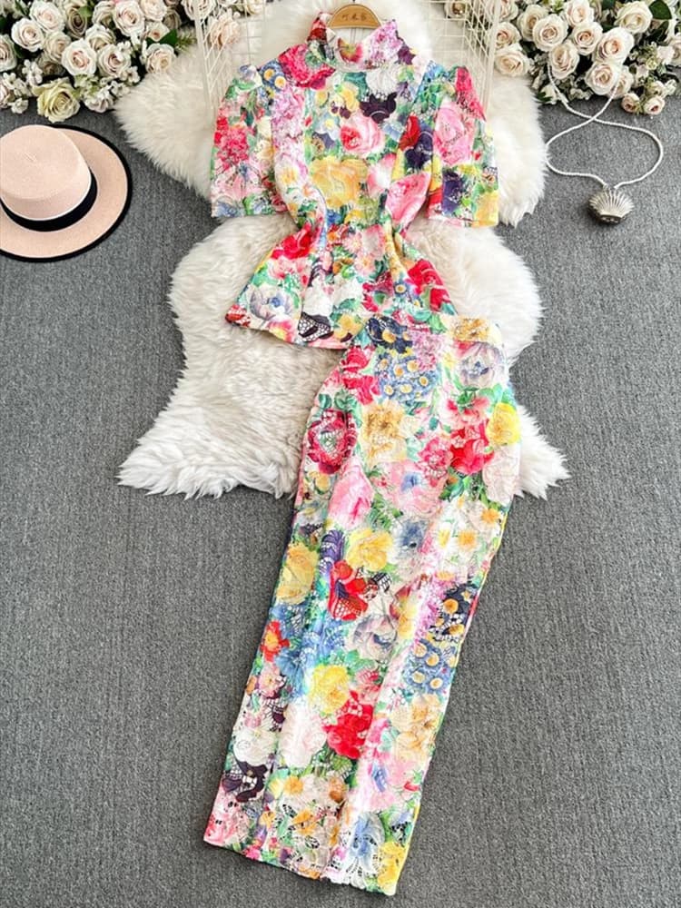 Office Lady Work Wear Elegant Long Hollow Out Lace Dresses Women 2 Piece Sets Embroidery Hook Tops Pencil Midi Skirts Suits