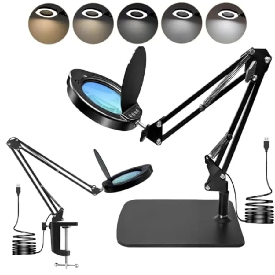 Lampada da Tavolo con Lente d'Ingrandimento 15X, Base e Morsetto, Lente in Vero Vetro, 84 LED, 5 Modalità Colore, Dimmerabile, con Protezione dalla Polvere