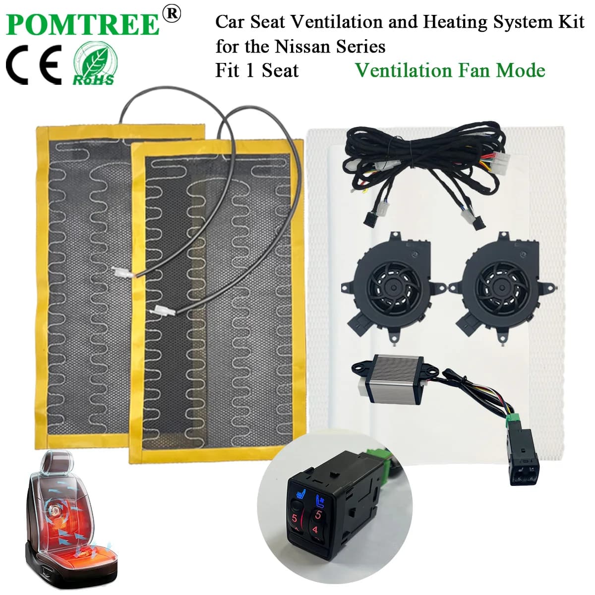 Kit di ventilazione e riscaldamento integrato per sedile auto DC 12V, adatto per 1 sedile, con 2 ventole e interruttore speciale per modifica auto serie Nissan