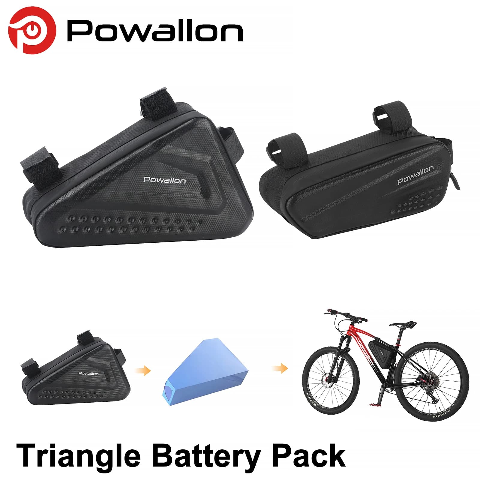 Borsa Triangolare per Batteria E-Bike Powallon, Guscio Rigido Impermeabile, 2 Stili, Borsa Porta Batteria per Bicicletta Elettrica, Nera
