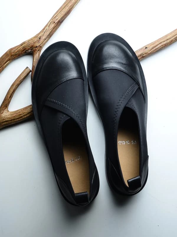 Retro British Style Women's Leather Elastic Fabric Slip-On Loafers Fashionable Casual Flat Heel round Toe Deep Mouth Single S...