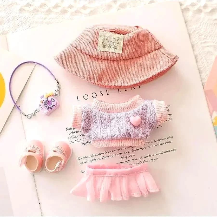 Mini Doll'S Clothes Outfit Accessories for 15-17cm Ropa Labubu & 10cm Cotton Doll Love Hoodie Pink Yarn Skirt Clothing no doll