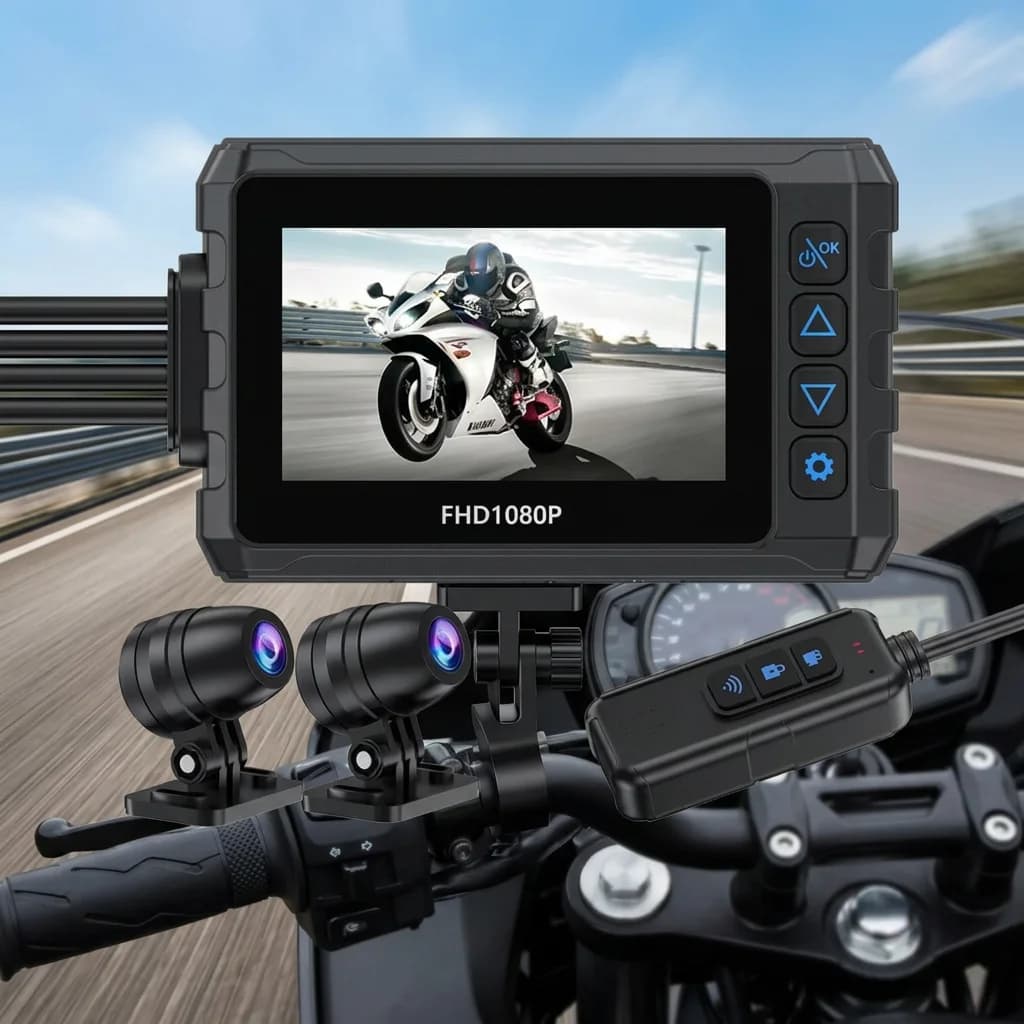 Doppio Altoparlante da 3 Pollici 150 ° Videocamera DVR per Moto 1080P IP65 Impermeabile con GPS, WiFi, Obiettivo Anteriore/Posteriore, Registratore Video con Telecomando Cablato