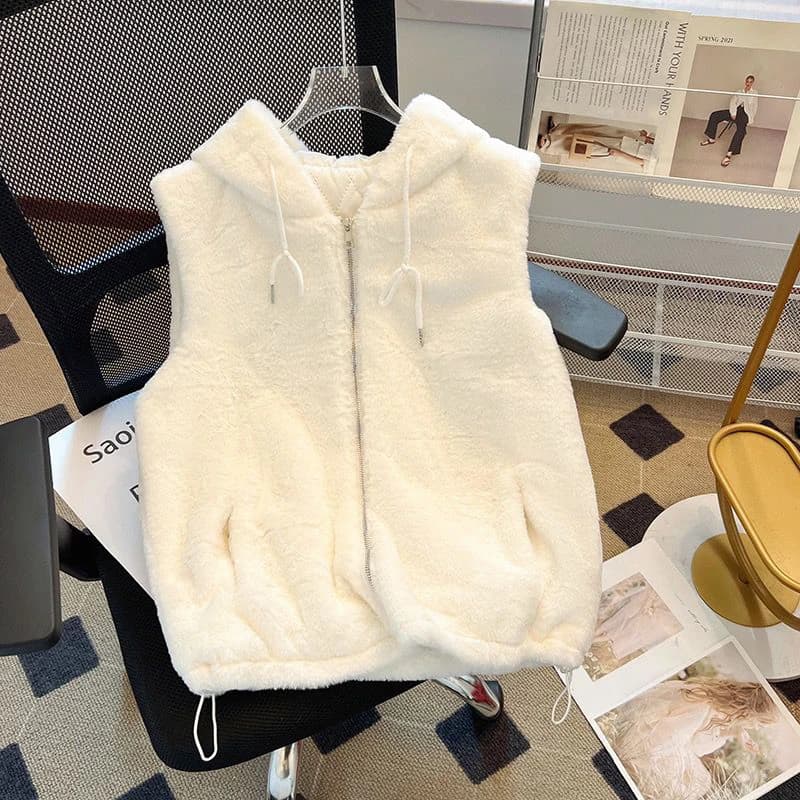 Gilet con cappuccio in pelliccia di coniglio finta da donna Cappotto senza maniche casual in pelliccia sintetica solida Peluche morbido con zip Capispalla caldo autunno inverno allentato