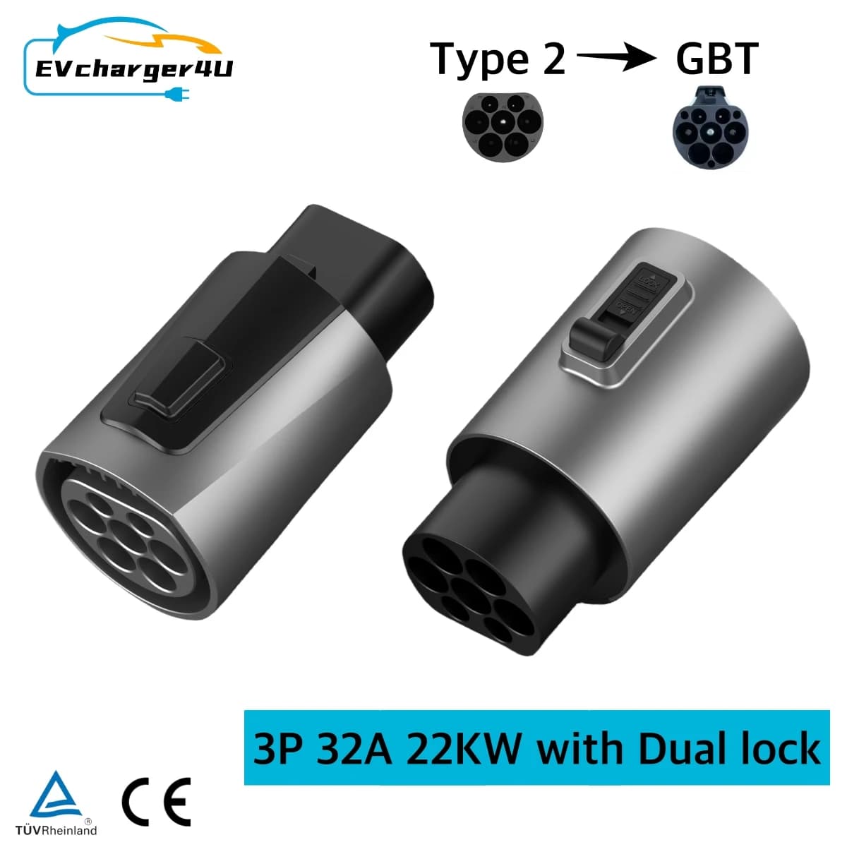 EVCharger4U IEC62196 Tipo 2 a GBT EV Adattatore trifase 32A 22KW con doppio hock per convertitore adattatore di ricarica EV di marca cinese