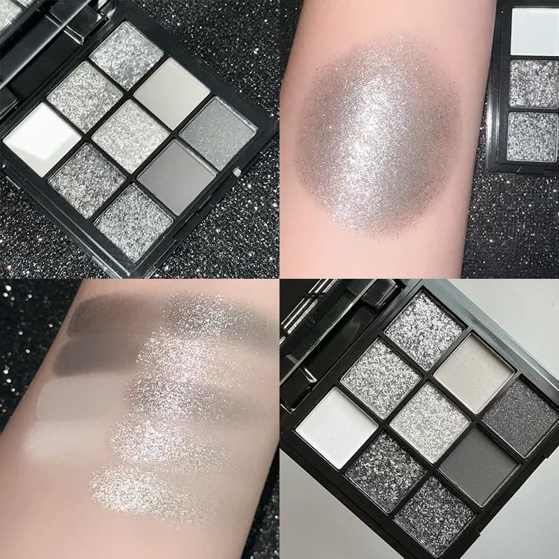 9 colori Smokey Matte Glitter Eyeshadow Palette Punk Shimmer Shiny Eye Shadow Cosmetico Cool Toned Grigio Nero Eye Pigment Palett