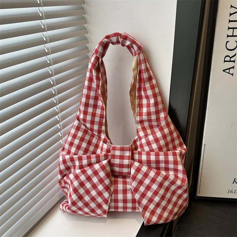 Hanfeng Retro Checkered Vest Backpack Large Capacity Single Shoulder Bag Lightweight Shopping Bag Versatile Canvas Bag