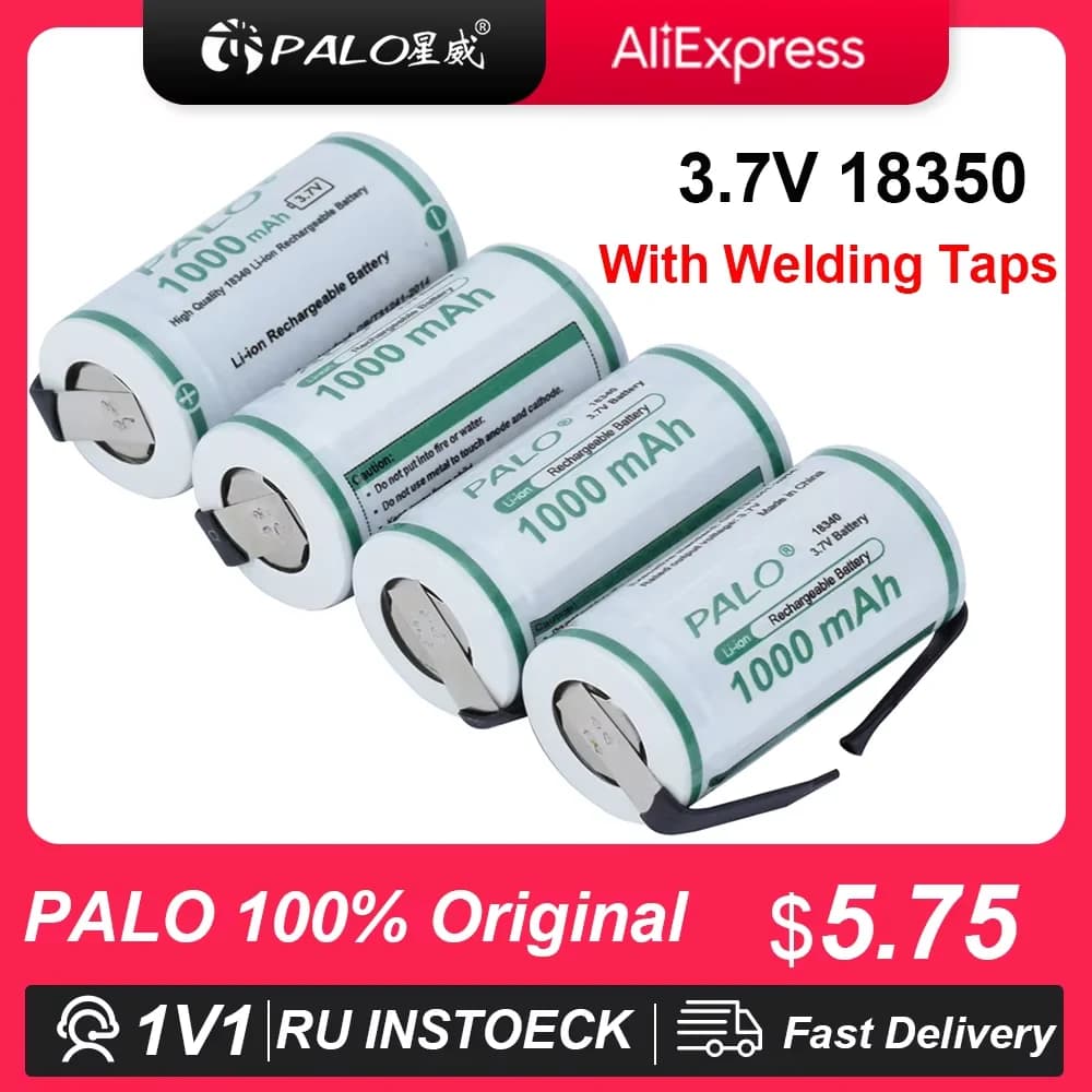 Lithium Ion Battery PALO 1000mAh 18350 3.7V Rechargeable with nickel sheet for flashlight and toothbrush