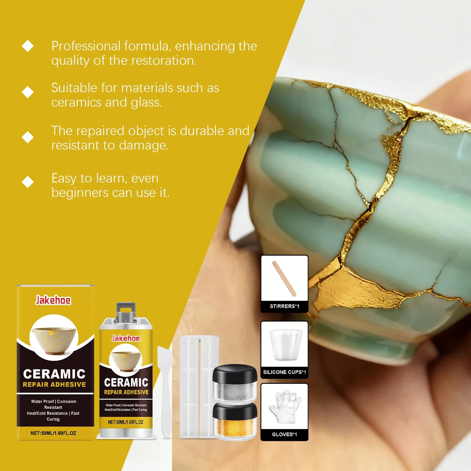 Kit di riparazione per vetro ceramico, adesivo in resina epossidica per la riparazione di tazze in porcellana rotte, impermeabile e resistente al calore, per riparazioni artigianali