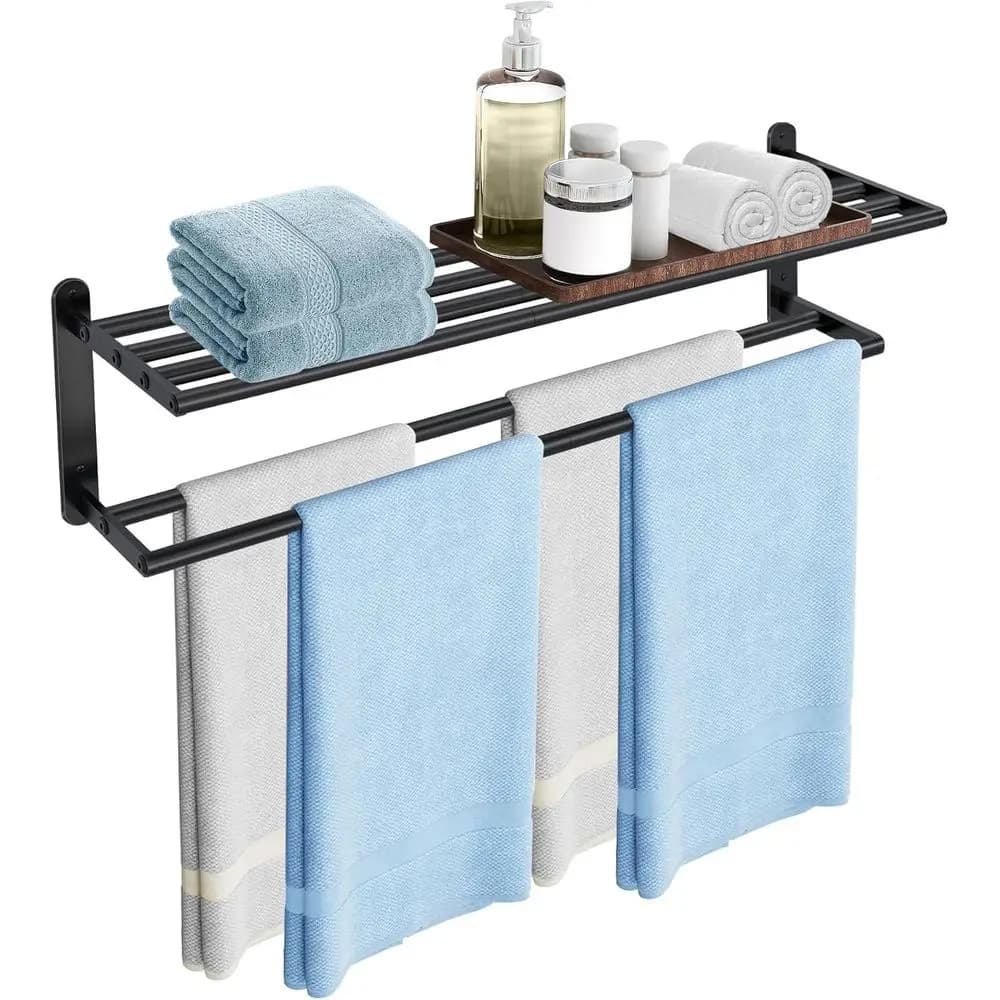 Portasciugamani doppio, mensola porta asciugamani da bagno con doppia barra, porta asciugamani da parete, portaoggetti per asciugamani, LavaBlack
