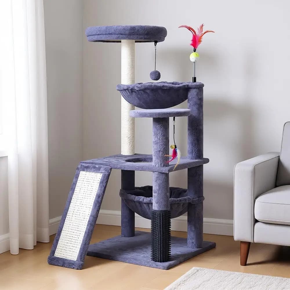 Albero per Gatti Multi-Livello con Grande Amaca, Spazzola Autopulente, Scala per Graffiare, Posti per Arrampicarsi e Graffiare, Grigio