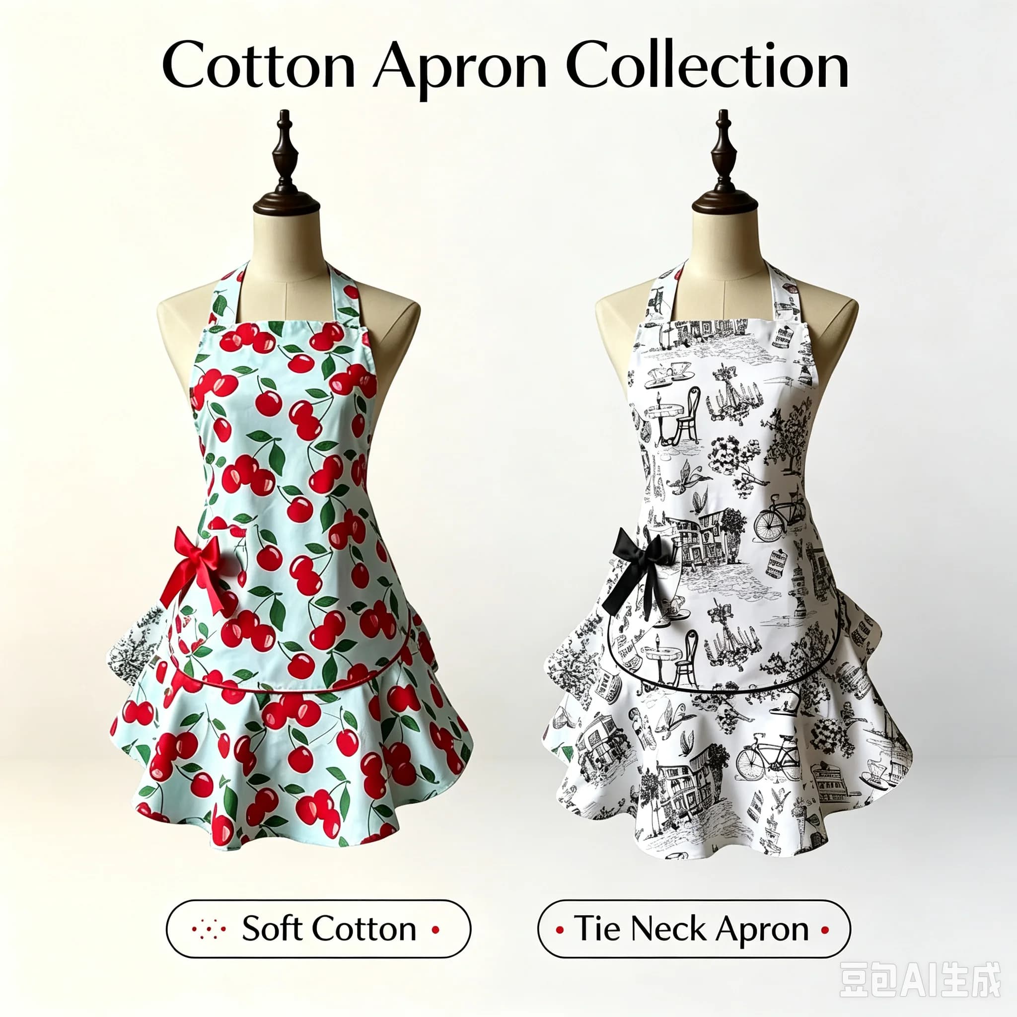 Fashion Ladies Cotton Cooking Apron, Tie Halter Neck Ruffle Skirt Apron, Cute Bow Decor Printed Apron, Ideal Gift for Home Chef