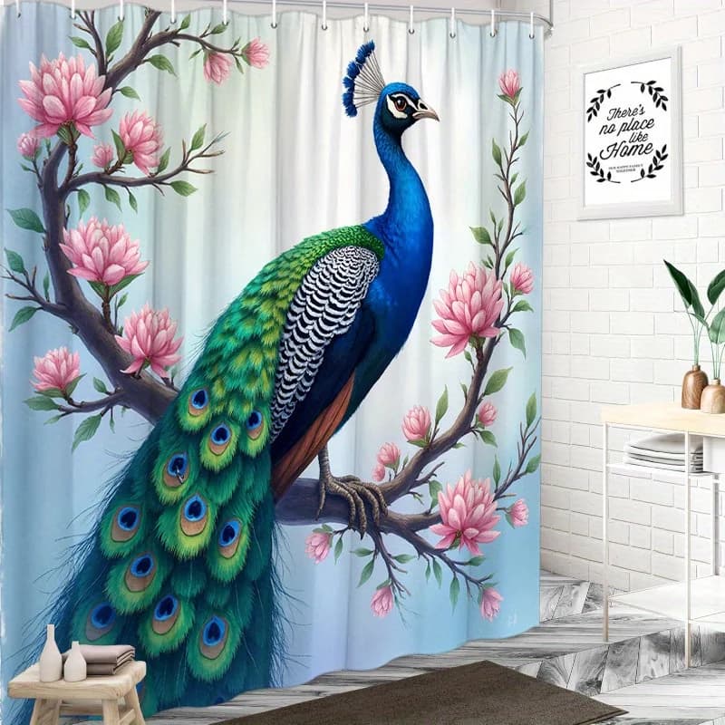 1 tenda da doccia pavone - fiori rosa, piume blu-verde, sfumatura morbida, 70,8x70,8", poliestere, lavabile, 12 ganci