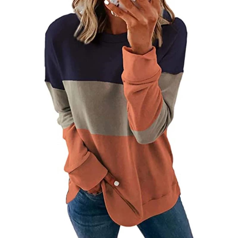 T-shirt colorblocking casual a maniche lunghe girocollo da donna di grandi dimensioni