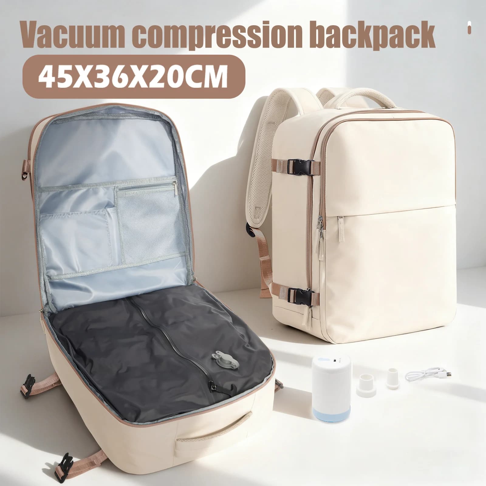 Zaino a compressione sottovuoto, zaino da viaggio per bagaglio a mano per borsa da cabina Easyjet 45x36x20, zaino per laptop per donna/uomo