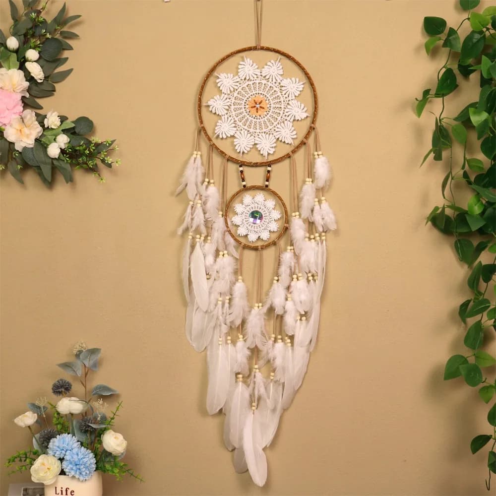 Retro Double Lace Dream Catcher Hand-woven Feather Tassel Wall Hanging Bedroom Bedside Decoration Pendant Home Decoration