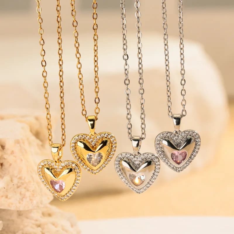 European and American New Color Zirconium Heart-shaped Necklace Attends Banquet with Elegant Personality and Simple Jewelry
