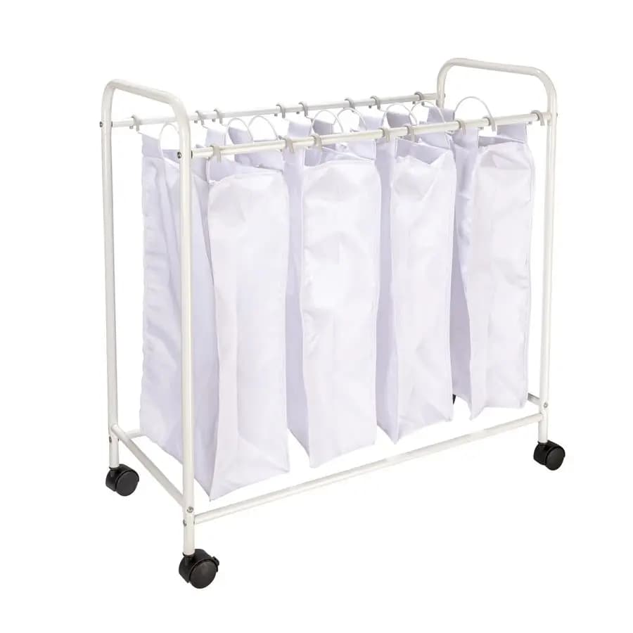 Selezionatore per biancheria con ruote, carrello per la biancheria da 4 sacchetti con sacchetti lavabili e rimovibili, bianco