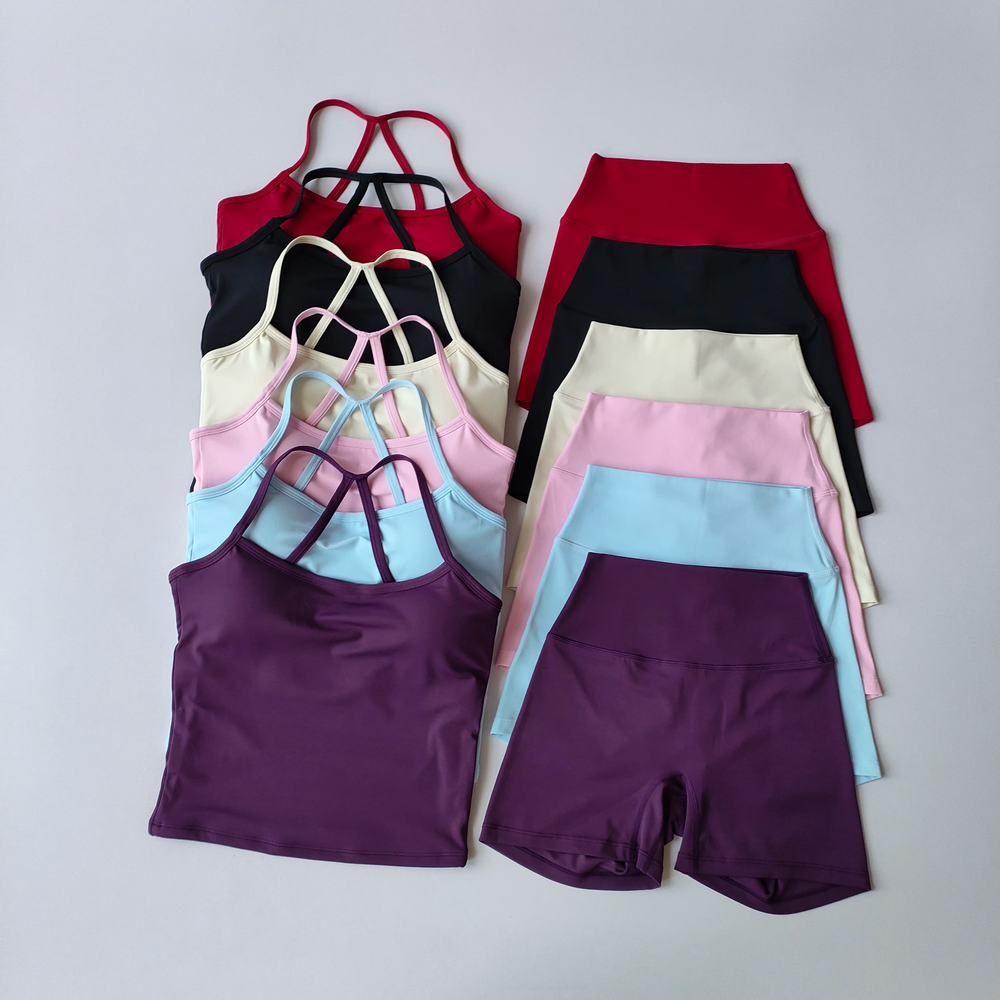 2PCS Yoga Set Nude Sports Bras Longline Strappy Tank Top Scrunch Sports High Waisted Shorts Gym Clothes Summer Workout Outfits