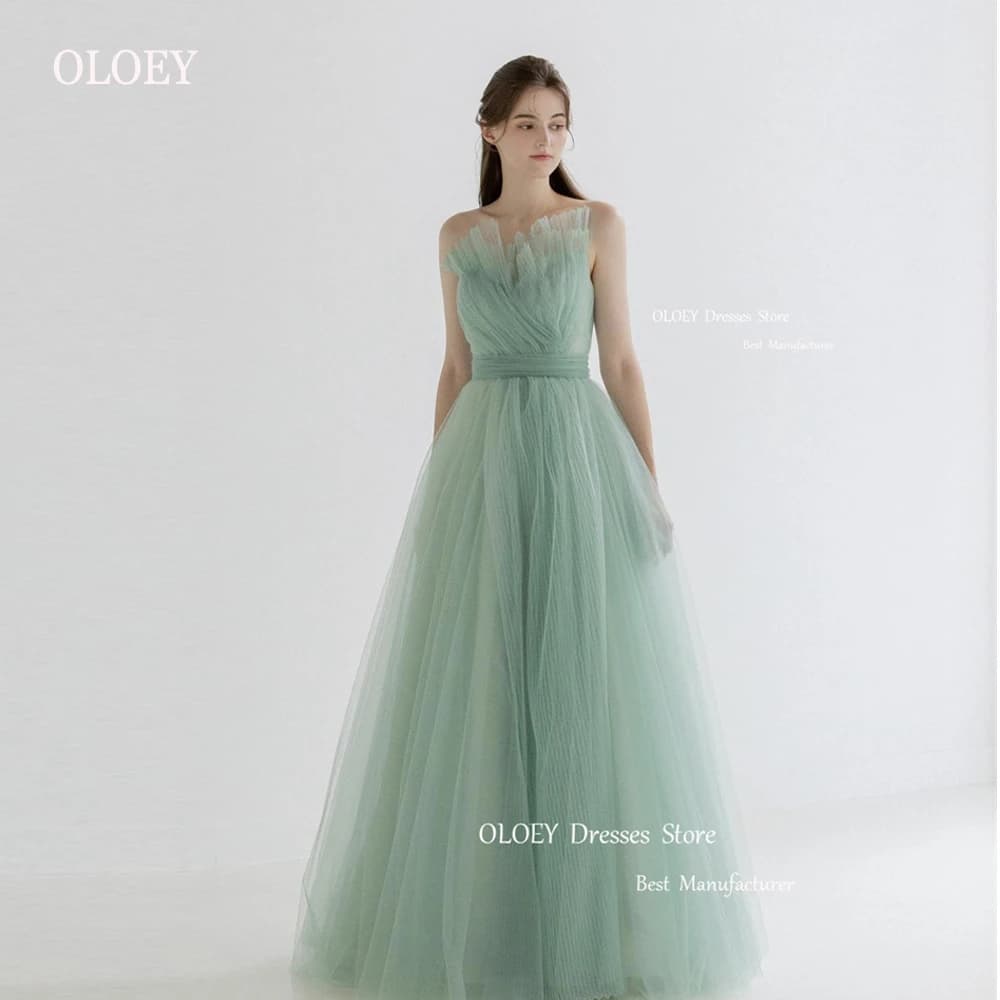 OLOEY Fairy Sage Green Draped Tulle Long Prom Dresses Korea Women Wedding Photoshoot Princess Evening Gowns Garden Bride Dress