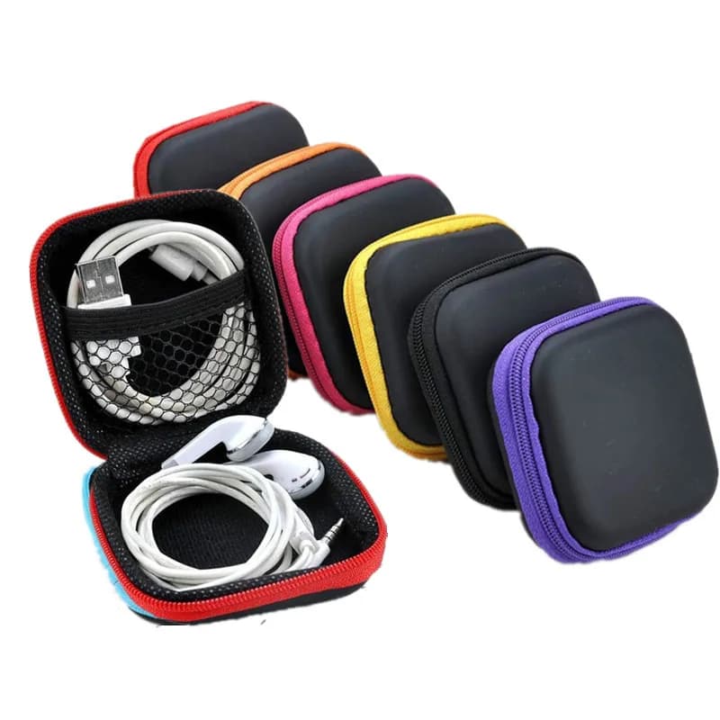 1pc Custodia per auricolari portatile con cerniera Scatola per auricolari a forma quadrata Linea di ricarica in pelle PU Cavo dati USB Scatola di immagazzinaggio Organizzatore 7,5 cm