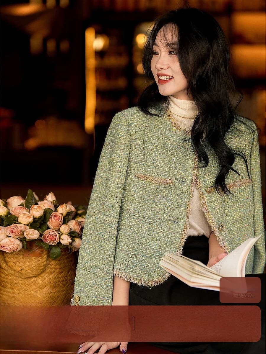Elegant Classic Short Houndstooth Jacket Women's New Spring 2026 Xhange Fashion Polyester Cotton Recycled Fiber Blend