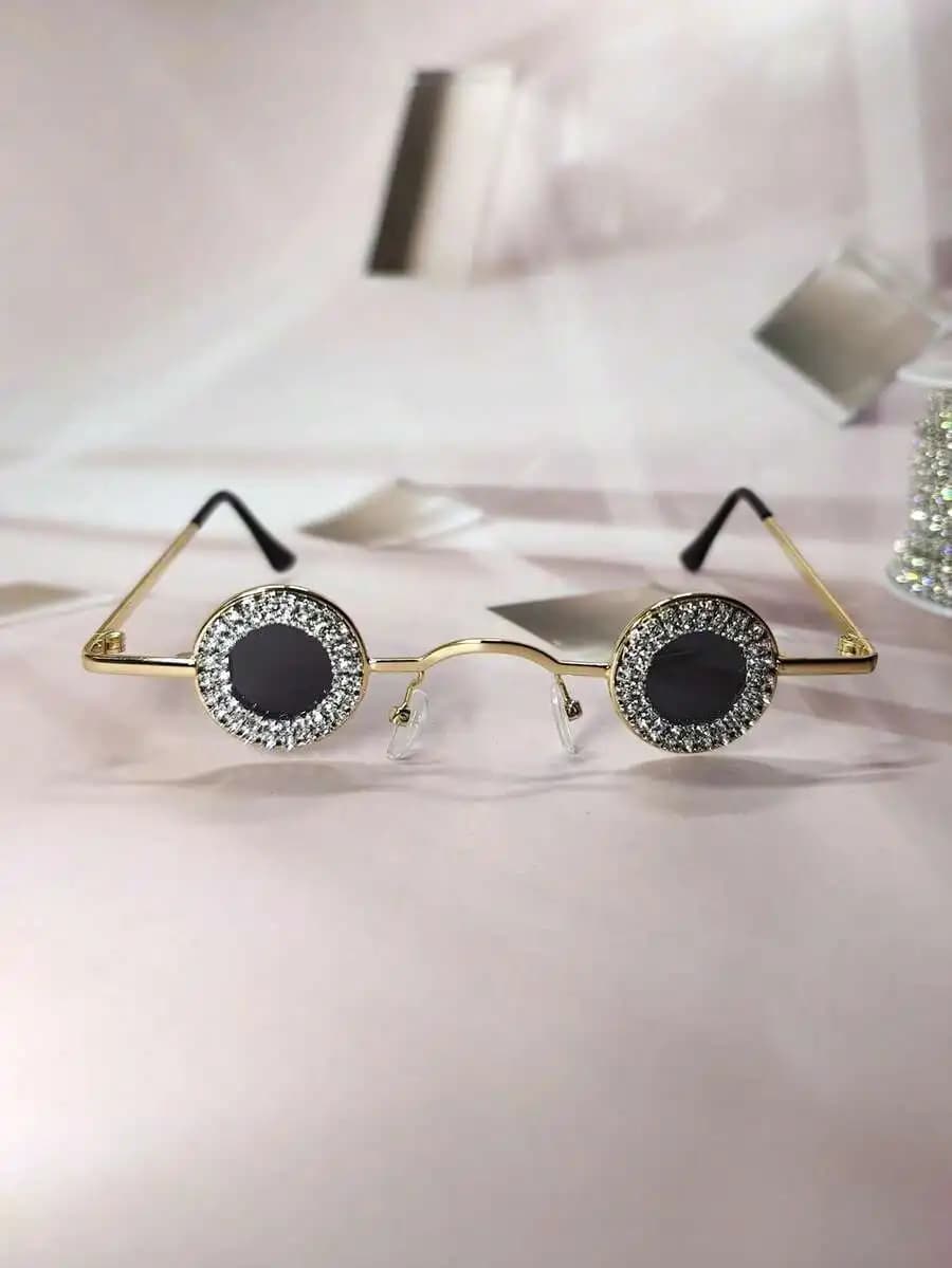 Mini occhiali decorativi rotondi con strass per festival, viaggi, servizi fotografici, mascherata