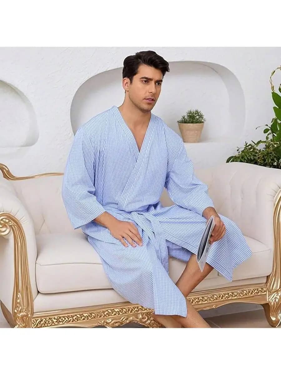 Mens Cotton Lightweight Bathrobe With Pockets Soft Summer Spa Hotel Kimono Robe