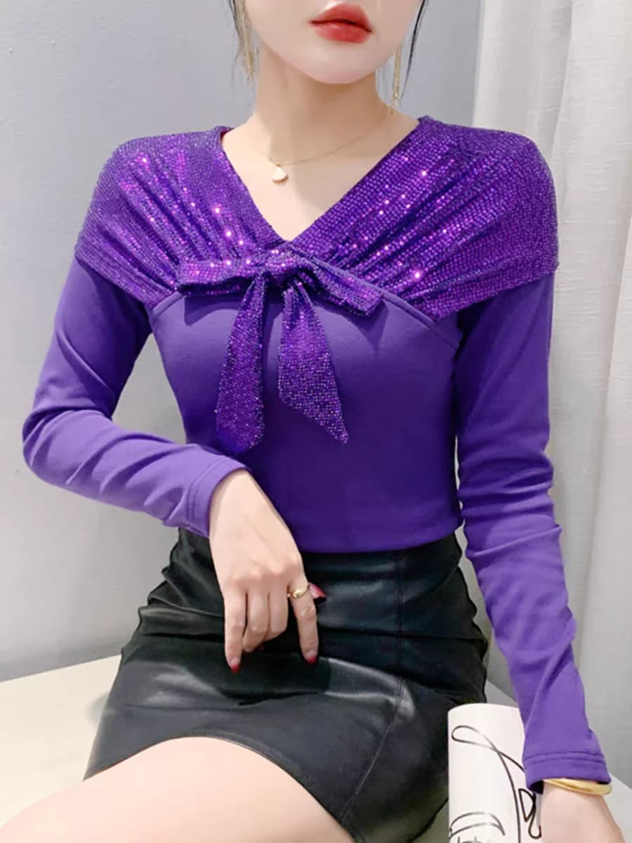Womens Sparkle Sequin Top Long Sleeve Cotton T Shirts Girl Club Party T-shirt Bowknot V Neck Tees Tops