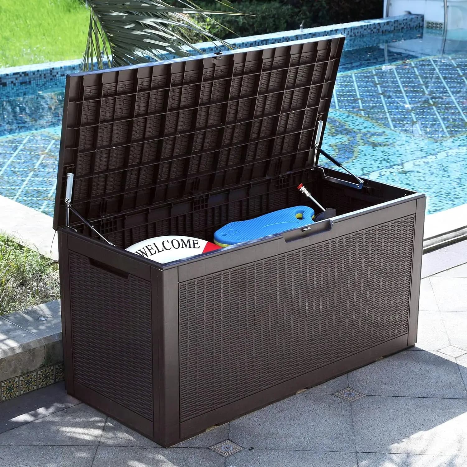 Large Exterior Container with Lockable Cover, Waterproof Box for Garden Furniture and Tools
