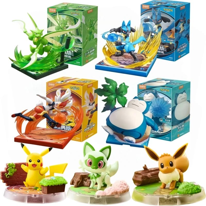 Blocchi da costruzione originali Pokemon Pikachu Snorlax Scyther Eevee Sprigatito Lucario Cinderace Modello di cartone animato Giocattolo Regalo per bambini