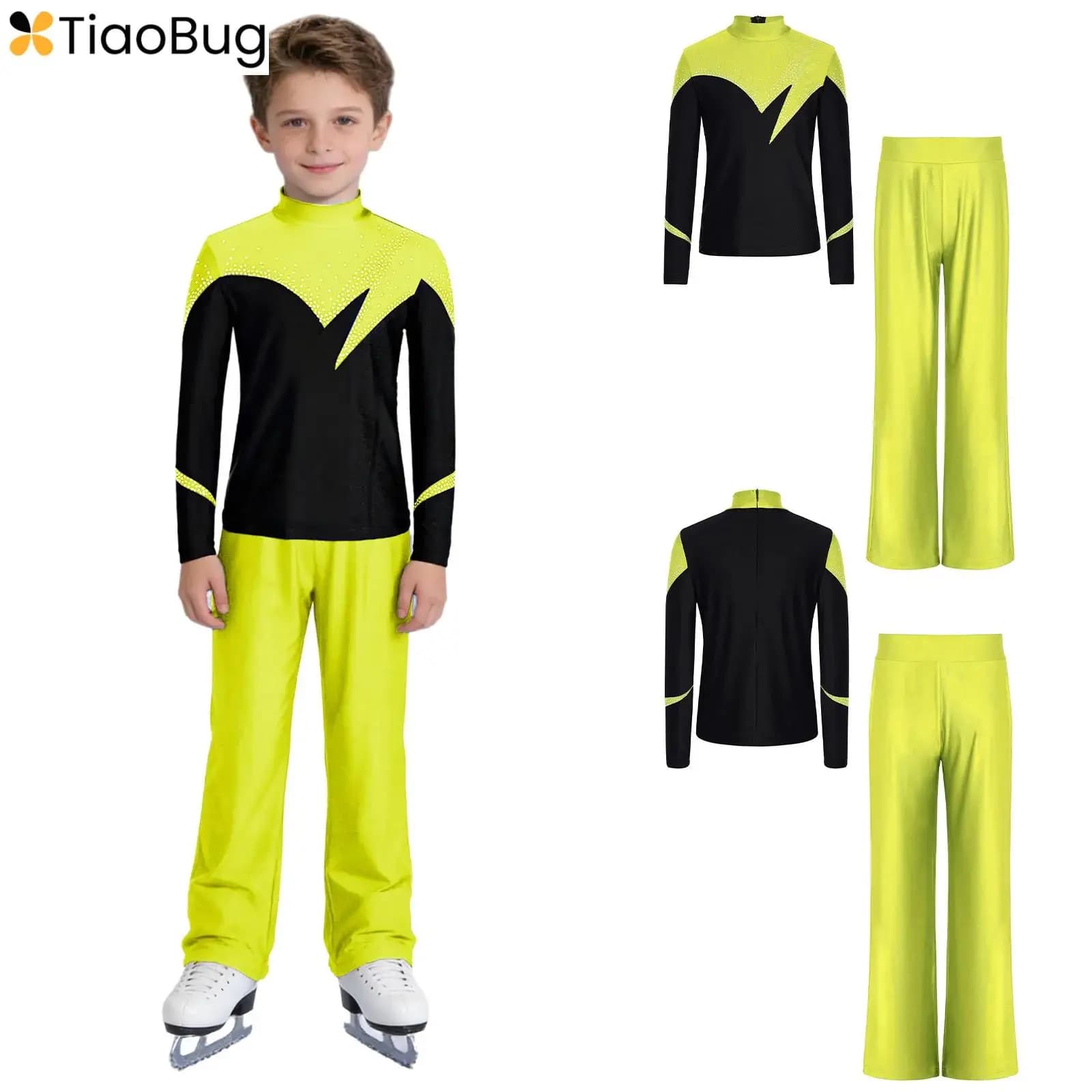 Completo per Acrobazie per Ragazzi, Abbigliamento per Pattinaggio Artistico e Roller, Set con Top a Maniche Lunghe Lucido e Pantaloni, Abbigliamento per Spettacoli di Danza
