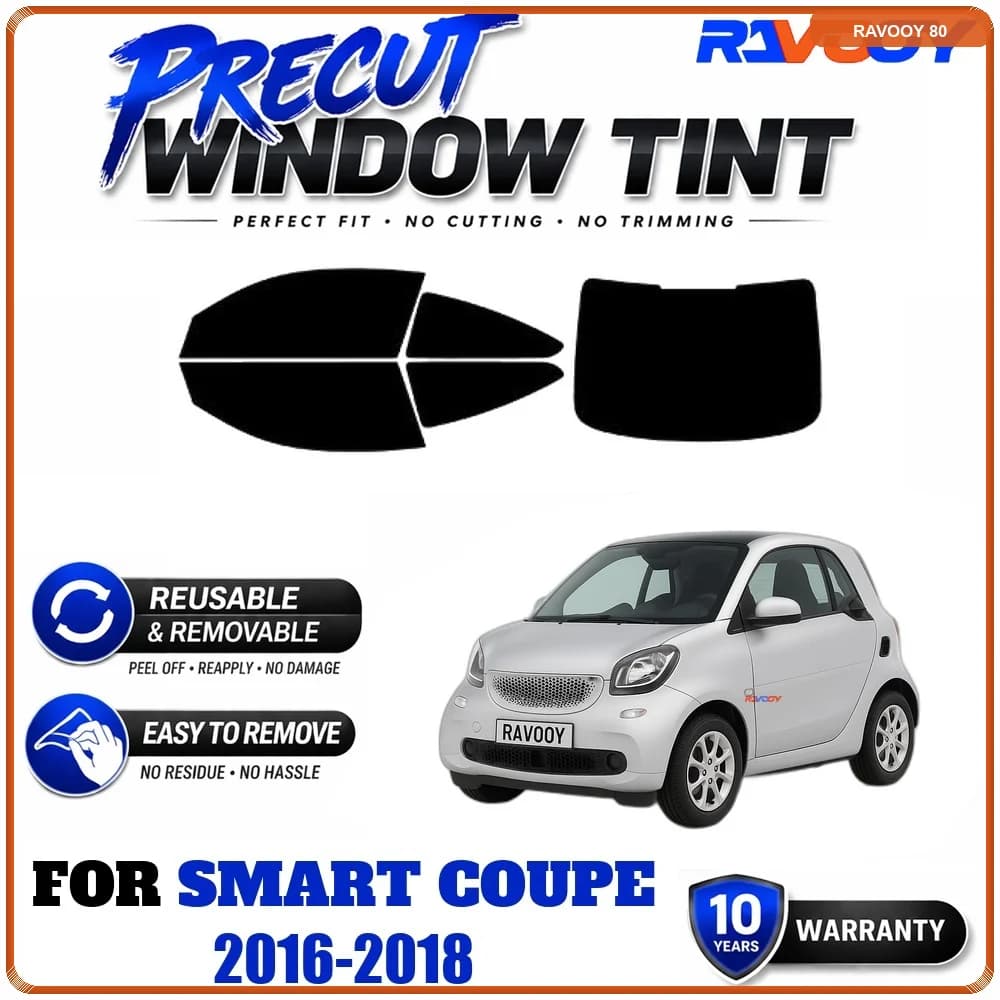RAVOOY Precut Window Tint, Reusable Removable EPU Film, Custom Fit for Smart Coupe 2016-2018, UV Heat Protection