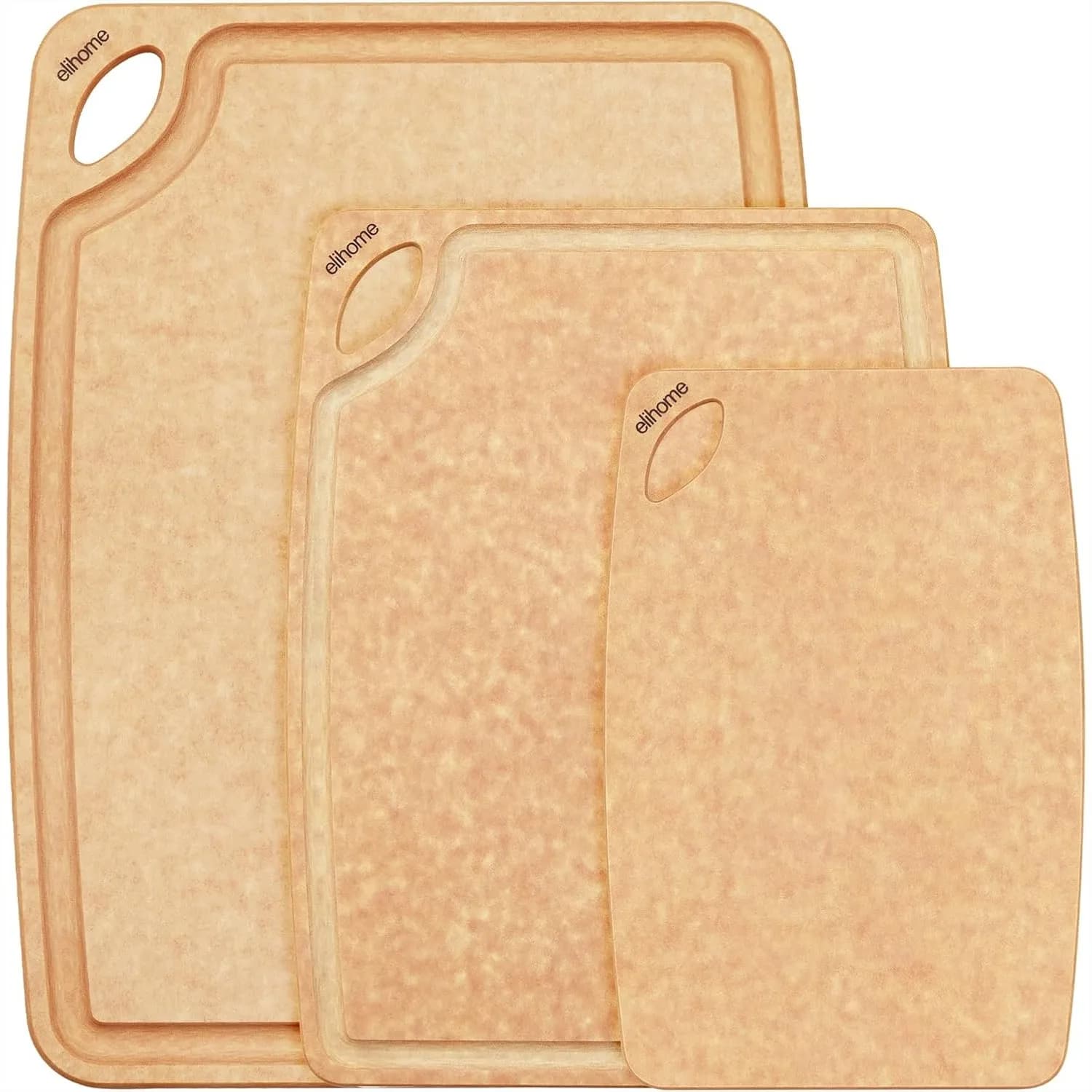 Set di 3 Taglieri per Cucina, in Fibra di Legno Naturale Composita con Scanalature per Succhi e Manici Ergonomici, Lavabili in Lavastoviglie