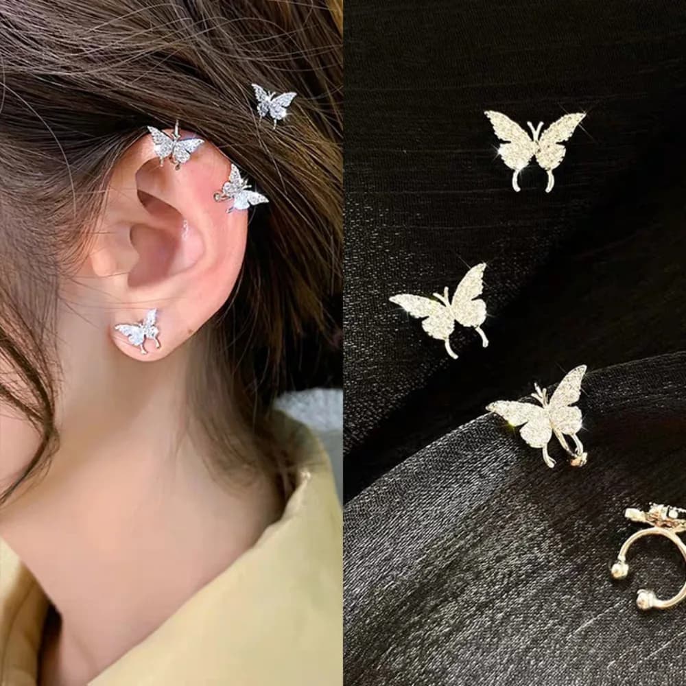 Orecchini a bottone con piercing a farfalla con zirconi intarsiati lucidi dal temperamento coreano, senza fori per le orecchie, clip per l'orecchio per le donne, gioielli romantici dolci