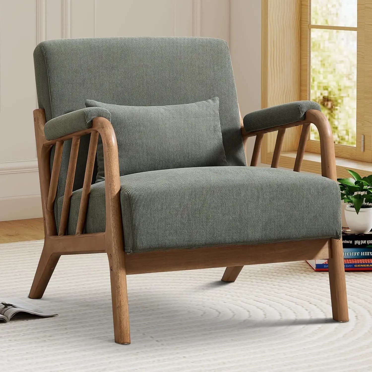 Mid Century Modern Accent Chair Wood Frame Upholstered Chair Lumbar Cushion Padded Arms Reading Bedroom Green, Customized