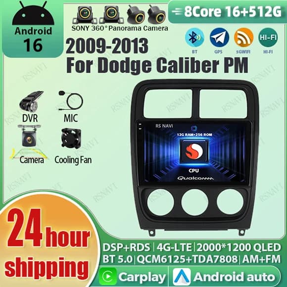 Android 16 Carplay Auto Qualcomm 2K QLED Screen Car Radio Player For Dodge caliber PM 2009 - 2013 GPS Wifi BT Multimedia Stereo