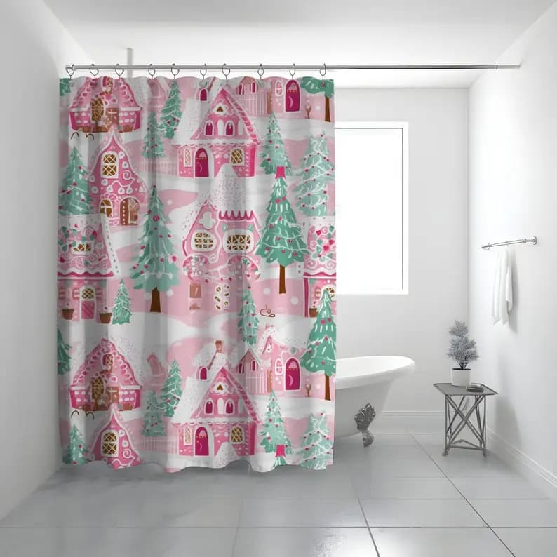 New in 2026 Preppy Pink Gingerbread House Shower Curtain, Gingerbread Shower Curtain, Pink Shower Curtain, Pink Christmas Shower Curtain, Bathroom Decor