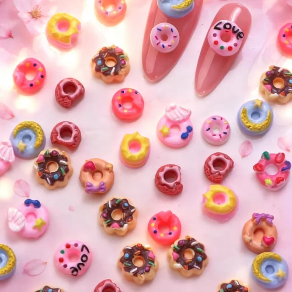 50Pcs 3D Mixed Donut Nail Charms Random Cartoon Flaback Doughnut Nails Art Decorations Kawaii Resin Dessert Manicure Accessories