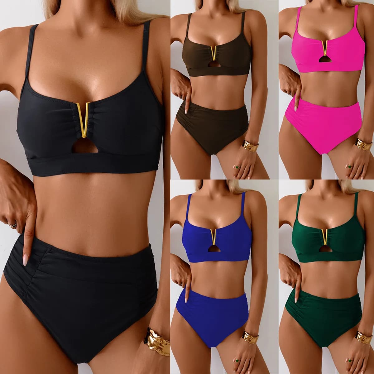 2025 Sexy V-Neck Hollow Out Bikini Set High Waist Swimsuit for Women Summer Beach Swimwear Trendy Two-Piece Bathing Suit Holiday