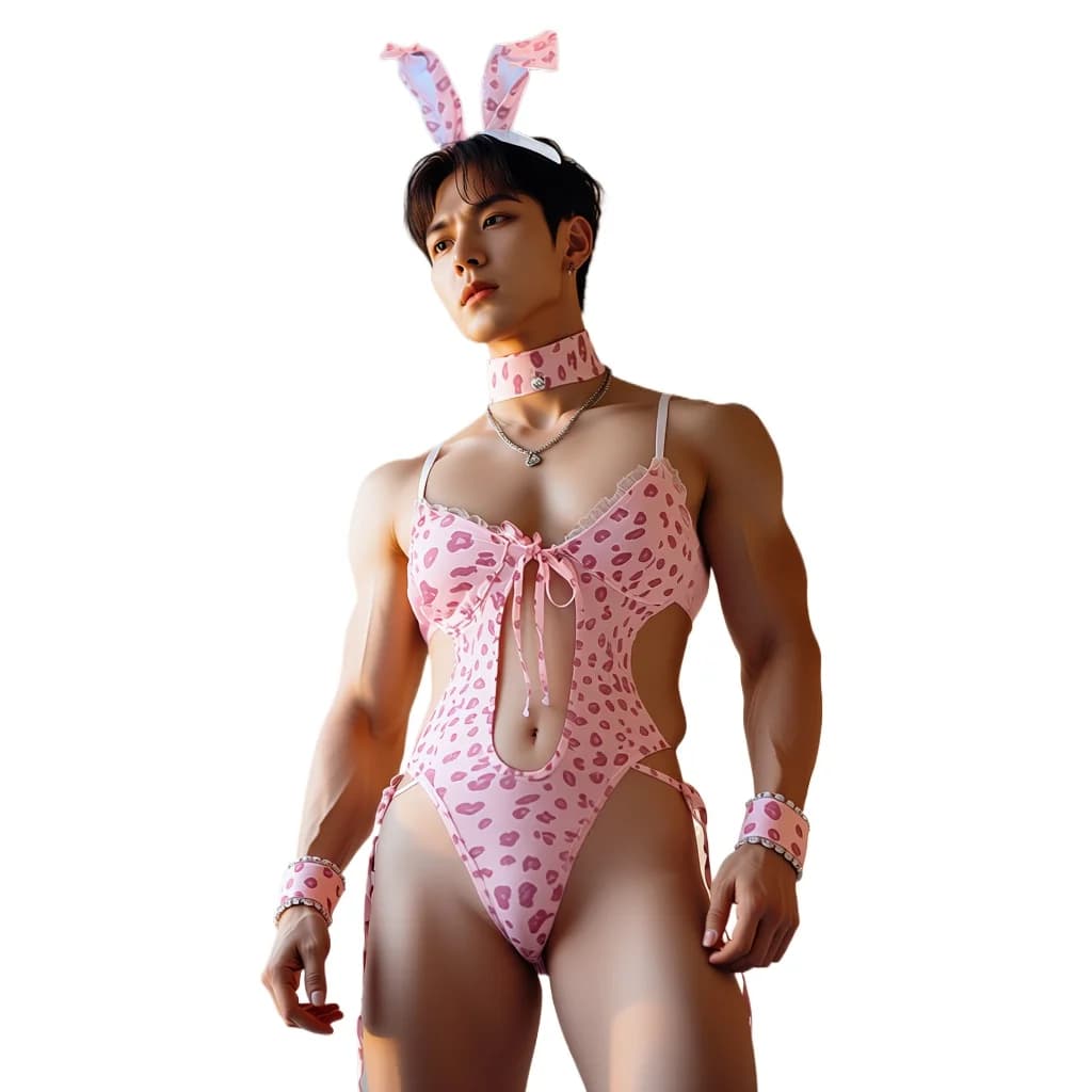 Lingerie Sexy da Uomo, Costume da Coniglietta Rosa Leopardato, Body Traforato per Crossdressing, Pigiama Cosplay da Cameriera