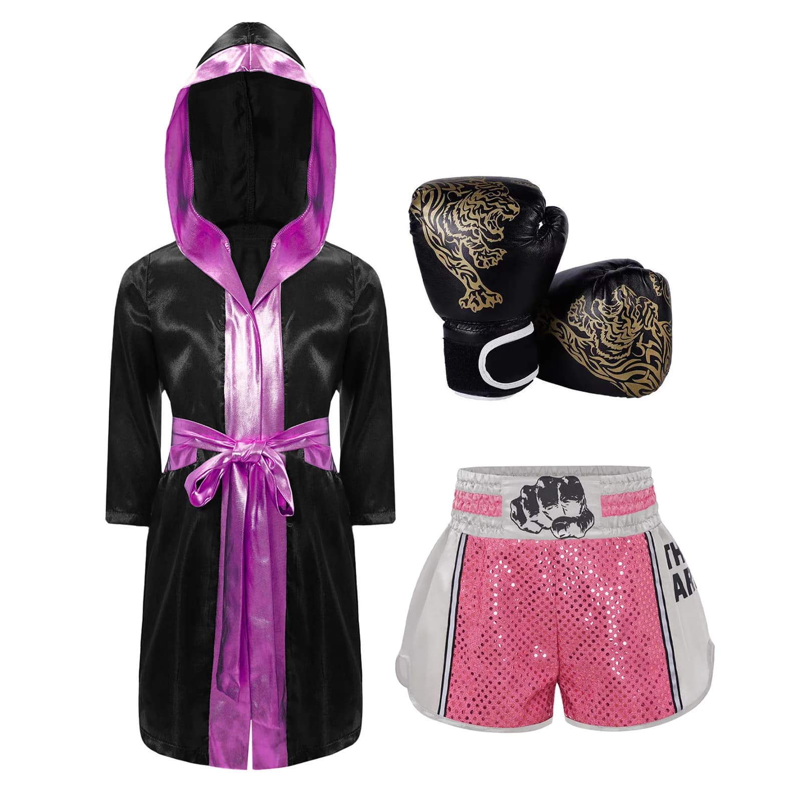 Boxing costume Cosplay costume Halloween Long sleeve with metallic finishes Satin cap dress with belt Paillettes Shorts and boxing gloves
