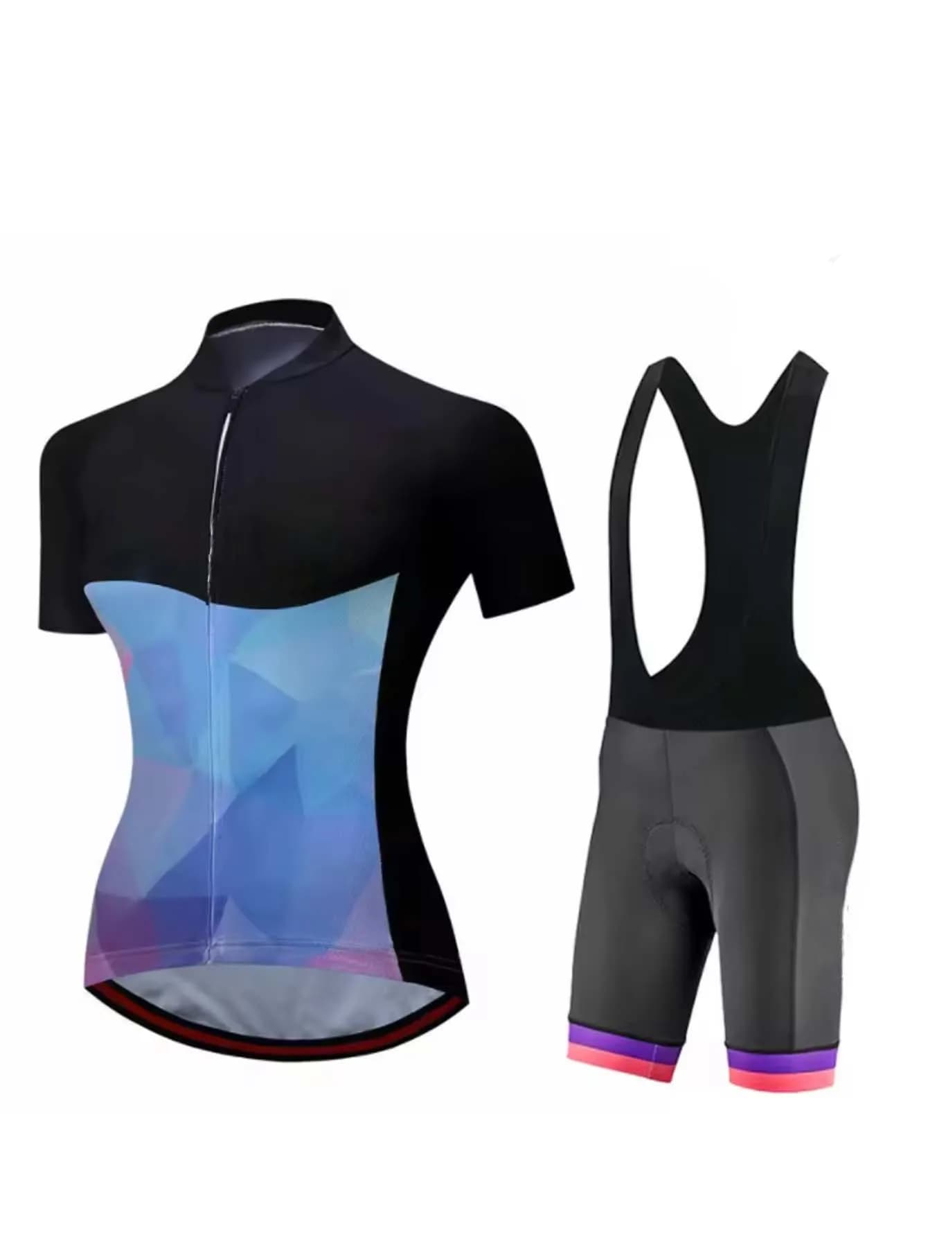 Women‘s Cycling Jersey & Bib Shorts Set, Short Sleeve Stand Collar Full Zip, Black White Breathable Quick Dry