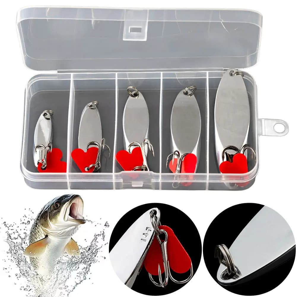 Set of 5 Leather Shaped Metallic baits with Fishing Equipment Kit, Artificial Fishing Esca