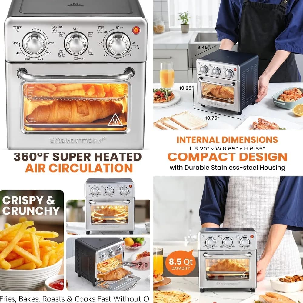 Elite Gourmet Compact 8.5Qt Air Fryer Oven, 800W Mini Countertop Air Fryer with Adjustable Time & Temp, Stainless