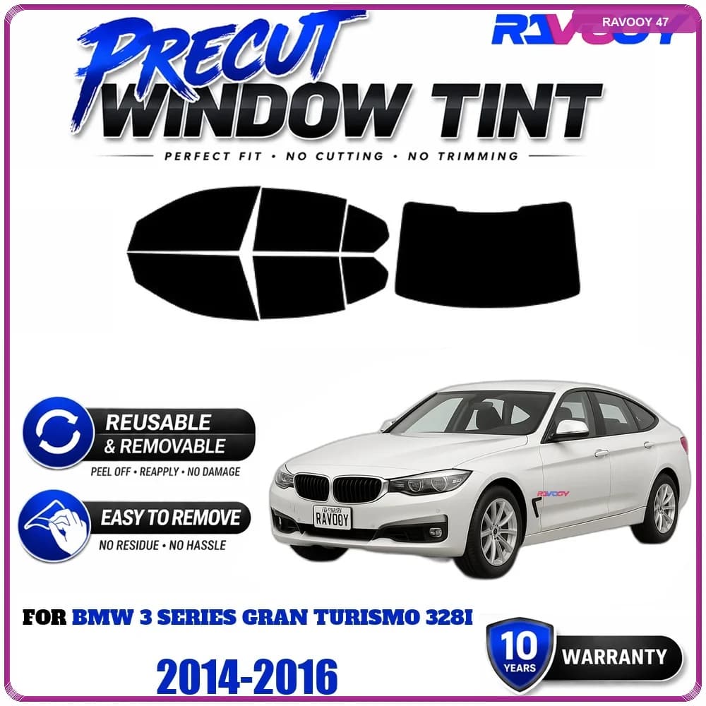 Precut Window Tint, Reusable Removable EPU Film, Custom Fit for Bmw 3 Series Gran Turismo 328i 2014-2016, UV Heat Protection